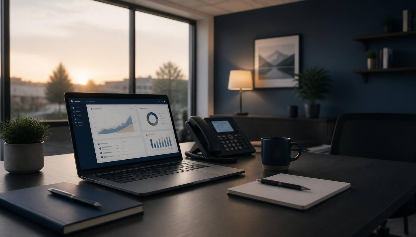 Office desk with a laptop showing an IT support dashboard